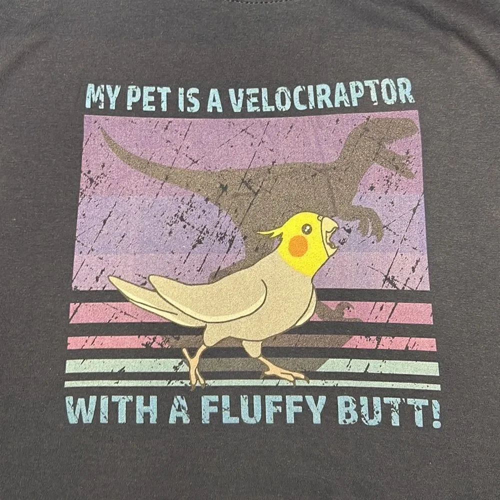 My Pet is a Velociraptor with a Fluffy Butt Blue Graphic Tee Size Small